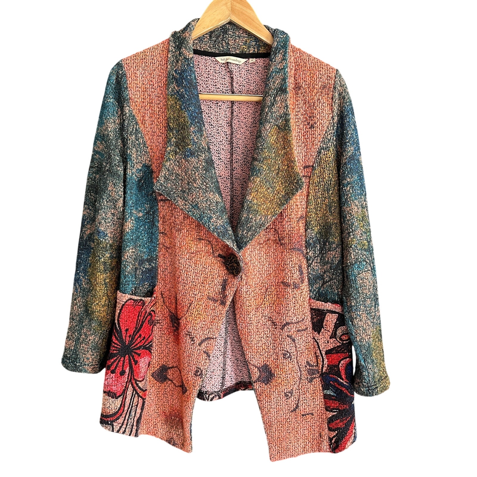 Soft Surroundings Knit Artsy Floral Printed Point Lapel Cardigan Sweater Medium